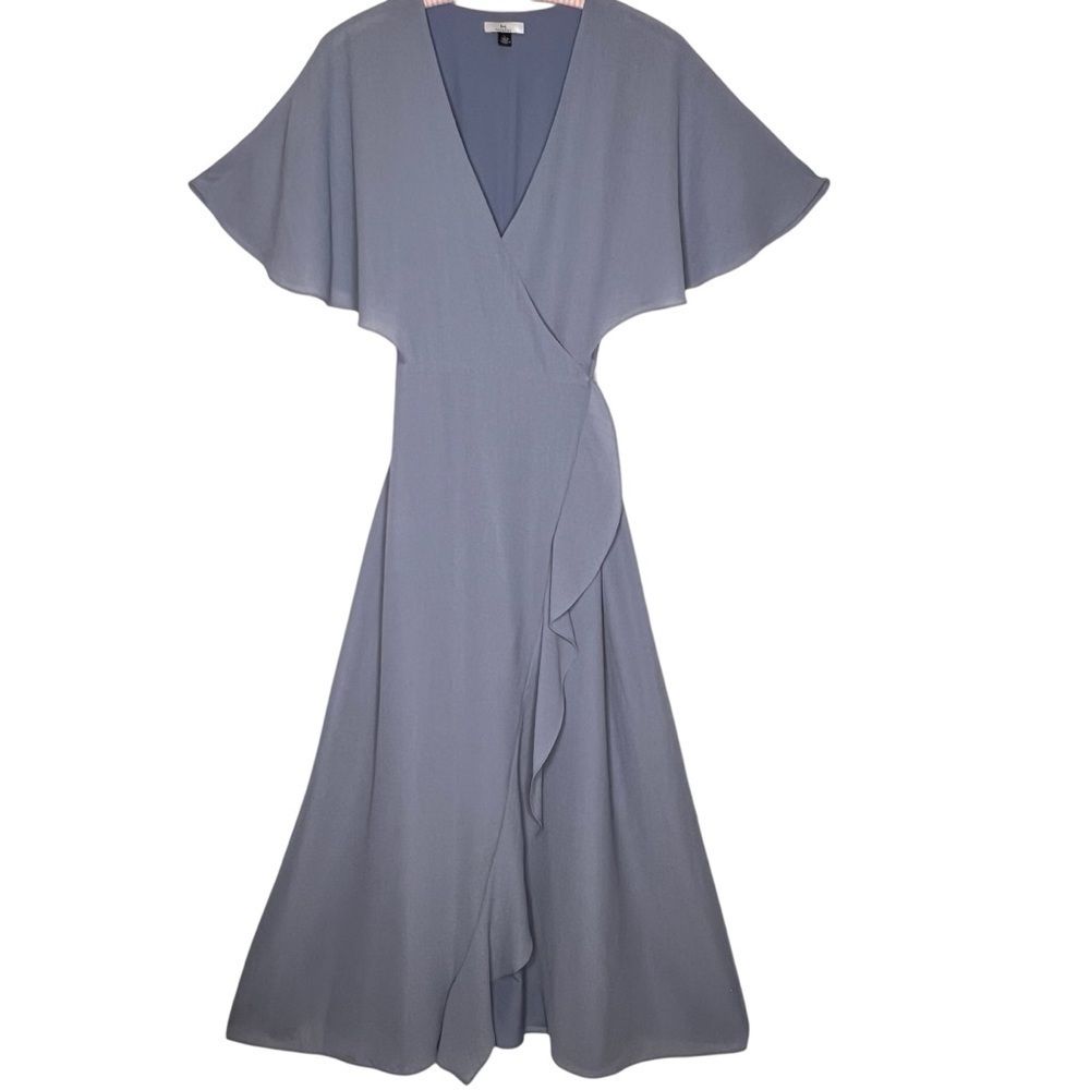 Halston Dusty Blue V Neck Ruffle Split Maxi Wrap Dress Gown Size L Short Sleeve - Picture 2 of 13